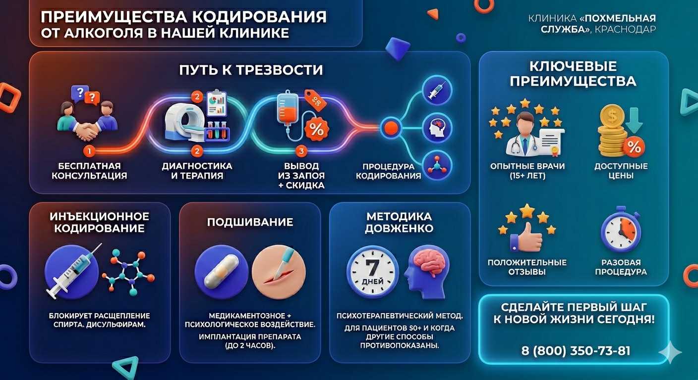 Инфографика о методах кодирования от алкоголя в Обливской: инъекции, подшивание, метод Довженко. Преимущества клиники и этапы лечения.